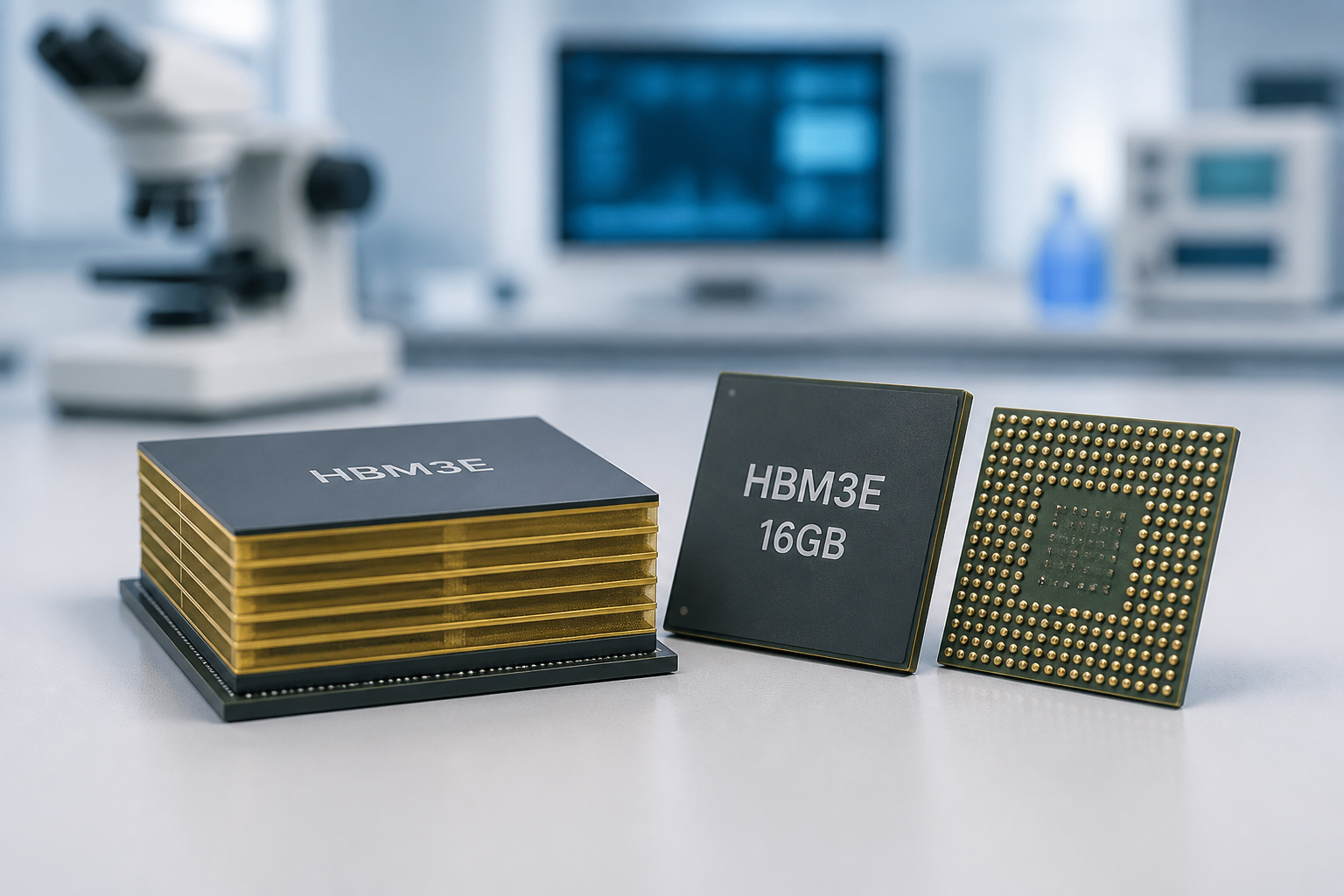 Close-up of HBM memory chips on a lab bench