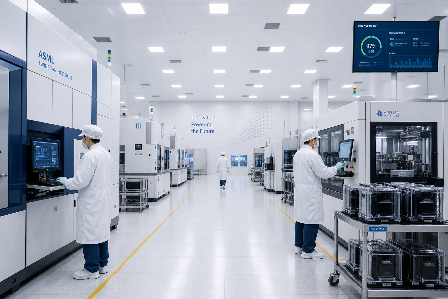 A wide view of a semiconductor manufacturing facility with clean lines and organized workstations.