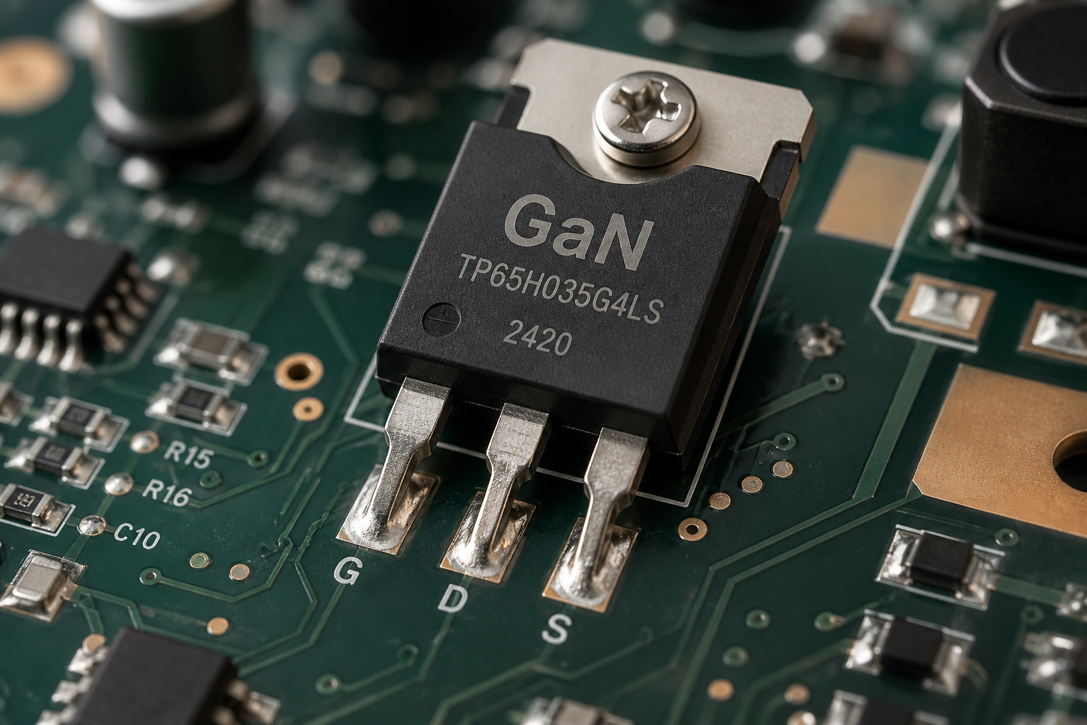 Close-up of a GaN transistor on a PCB