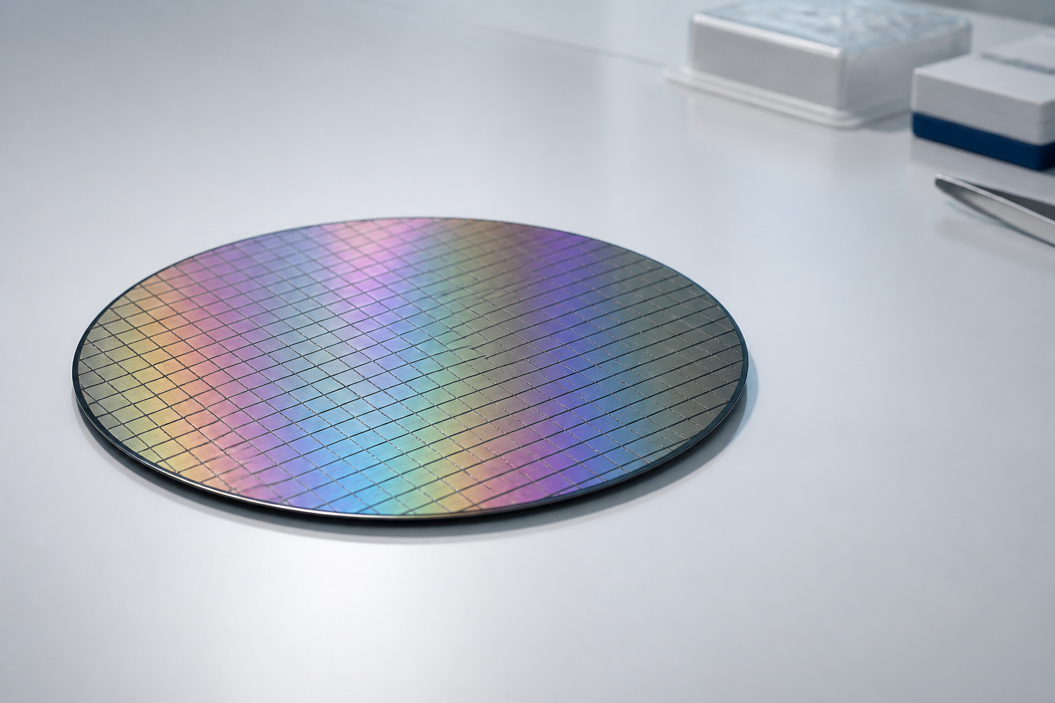 Close-up of a semiconductor wafer on a lab bench