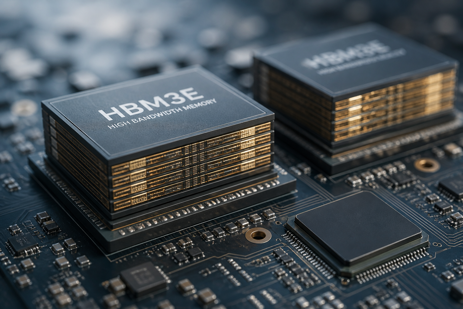 Close-up of high-bandwidth memory modules on a circuit board.