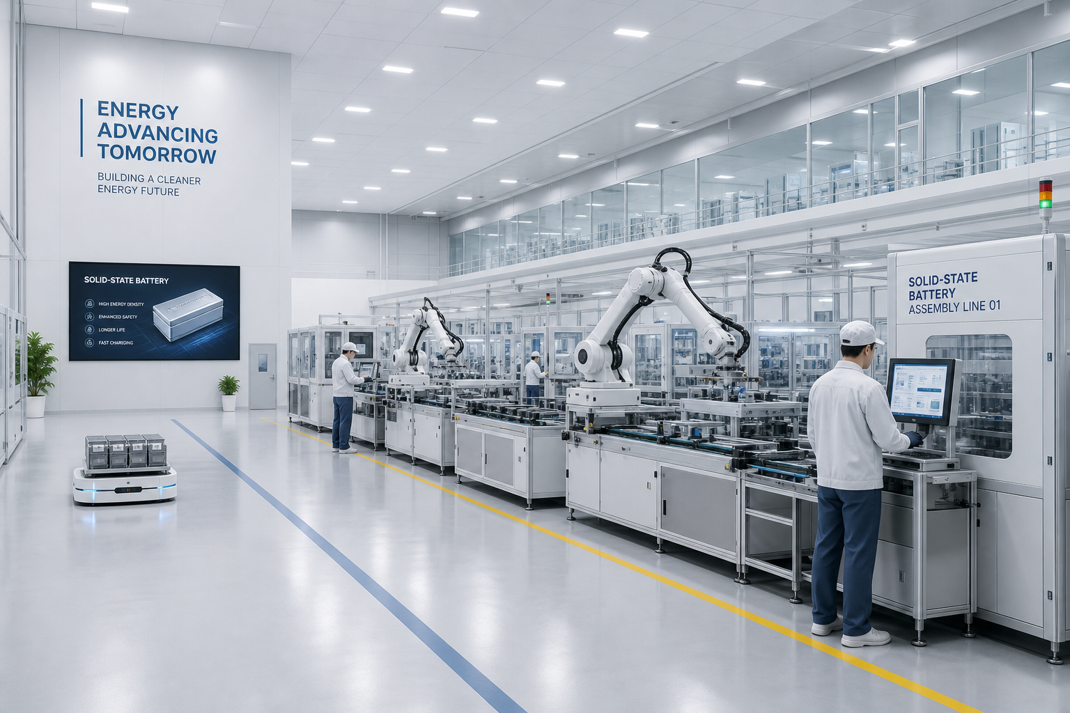 A wide view of a modern battery manufacturing facility with assembly lines.