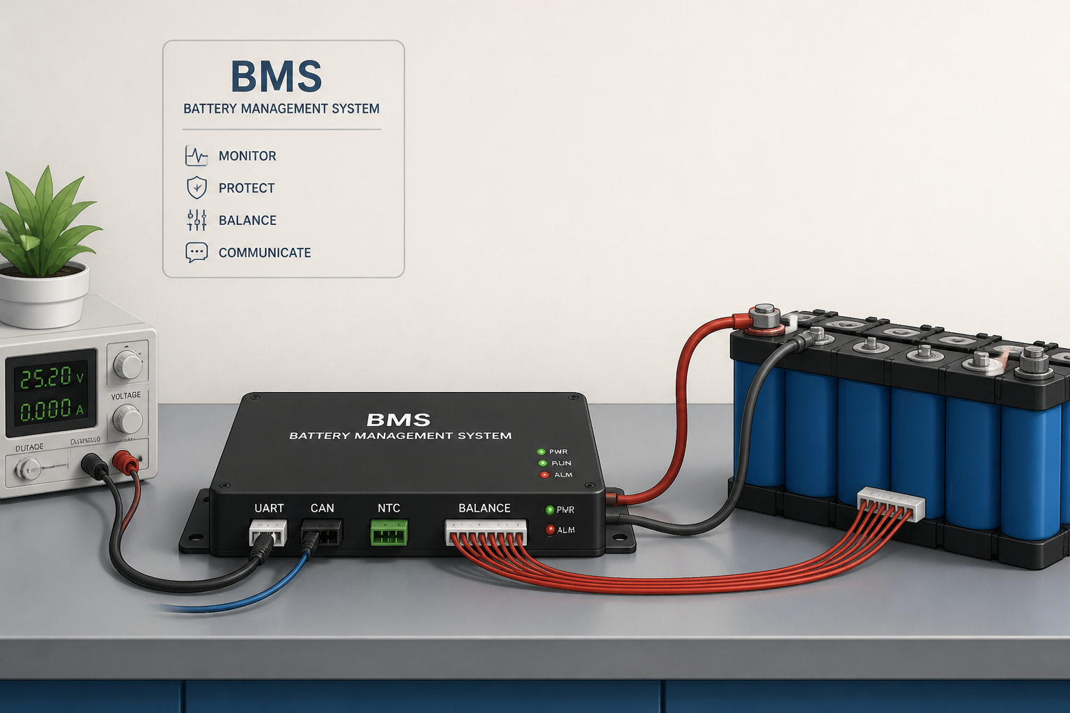 Close-up of a battery management system on a lab bench