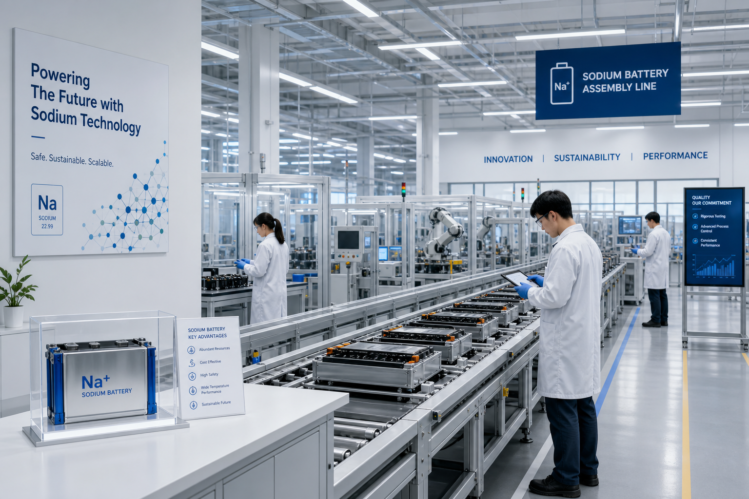 A wide view of a sodium battery manufacturing facility with clean lines and organized workstations.
