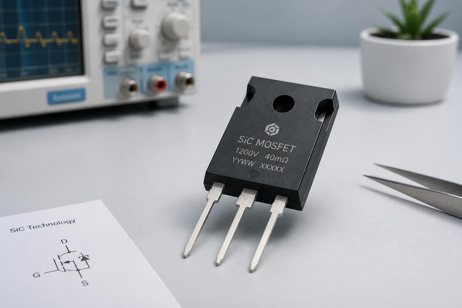 Close-up of SiC MOSFET on a lab bench