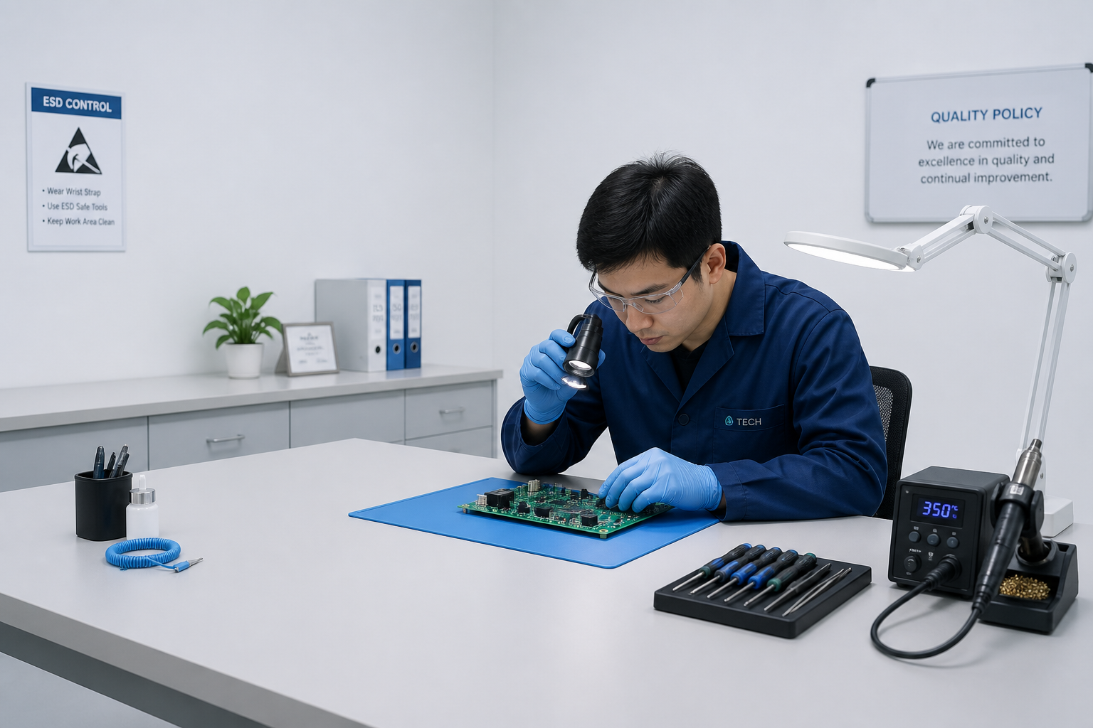 Close-up of a technician inspecting a PCB on a lab bench