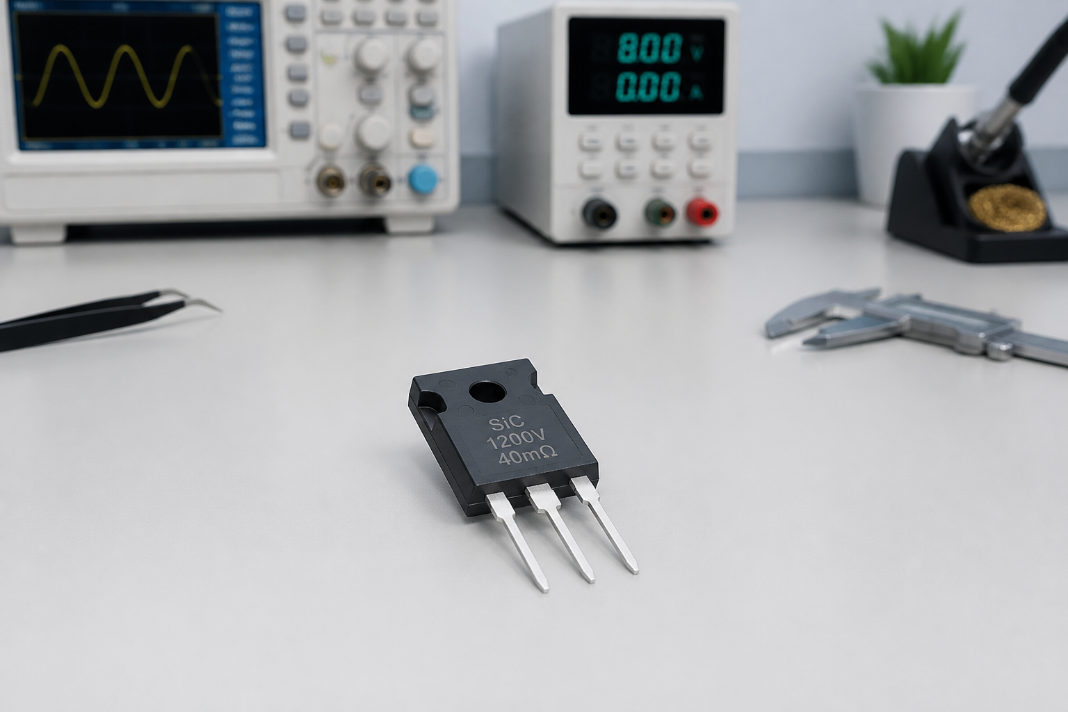Close-up of a SiC power semiconductor on a lab bench
