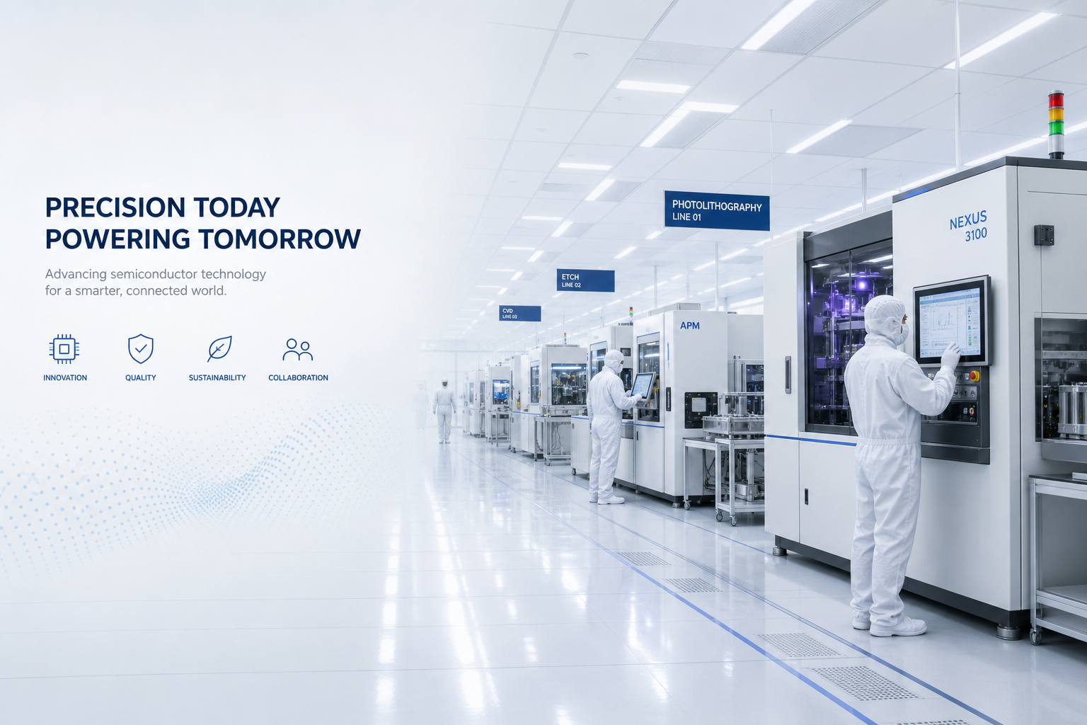 A wide view of a semiconductor manufacturing facility showcasing clean room environments and machinery.