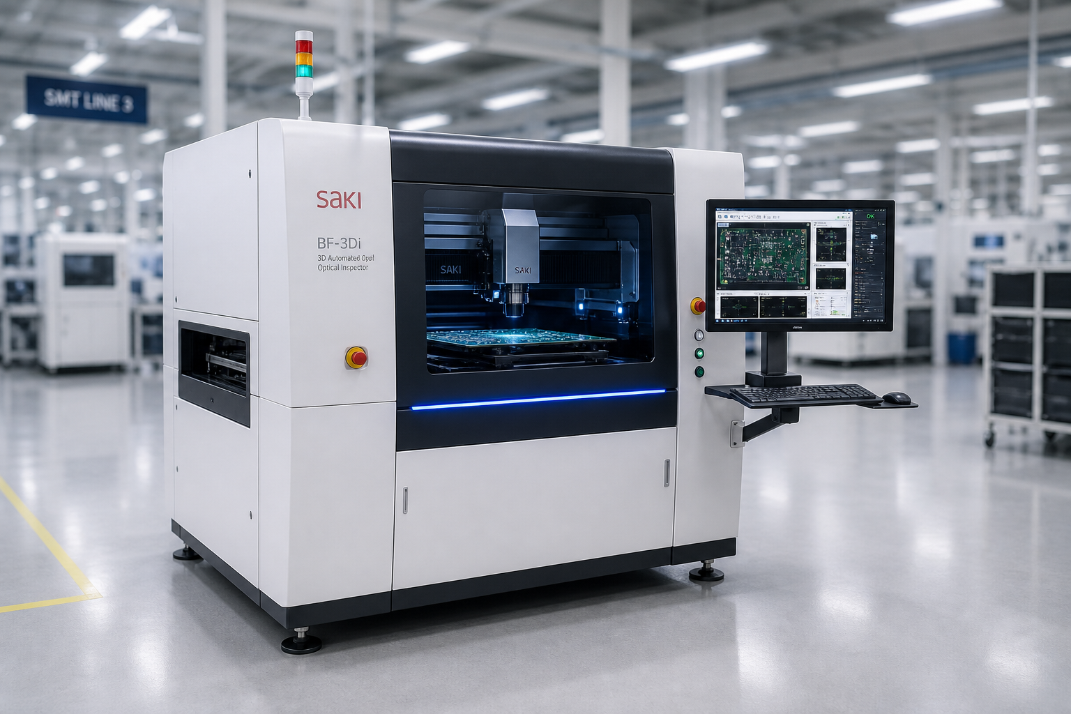 Wide view of a PCB inspection machine in a factory setting