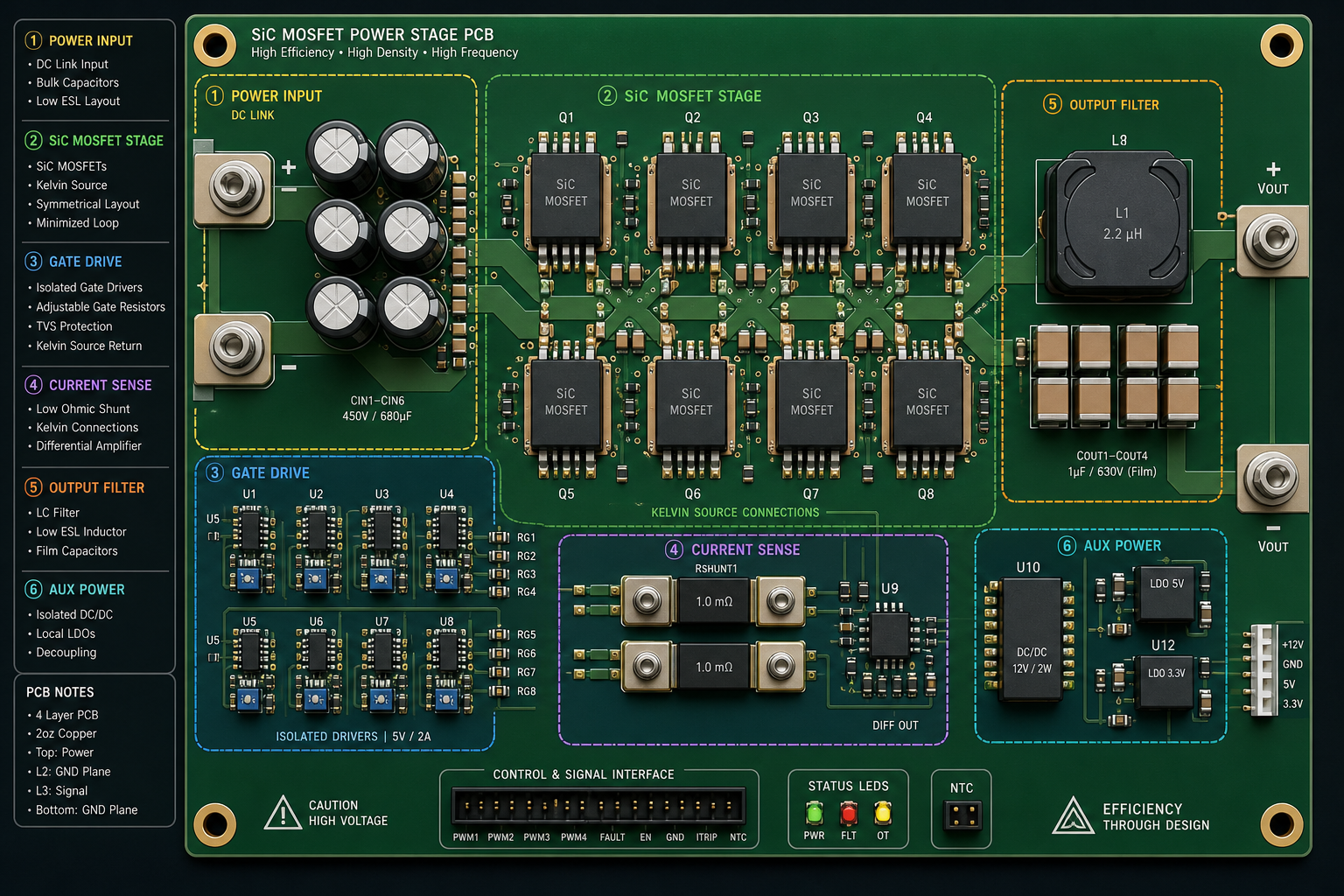 A close-up of a PCB layout design with SiC MOSFET components highlighted.