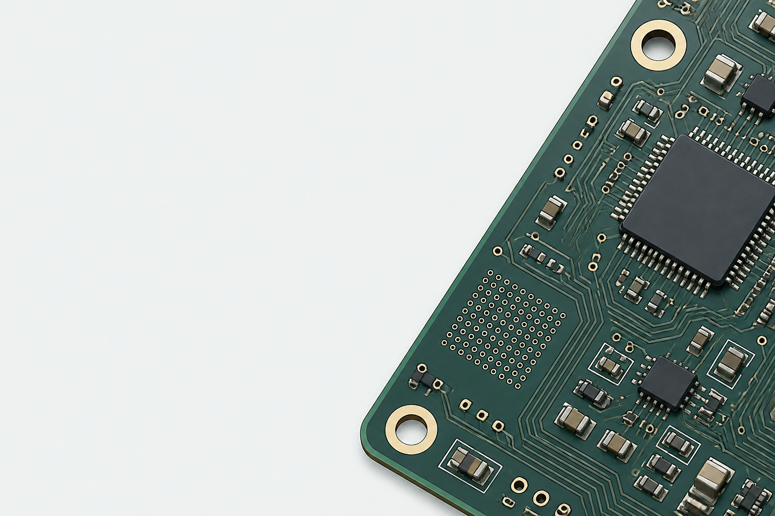 Close-up of a high-tech PCB with micro-drills and components