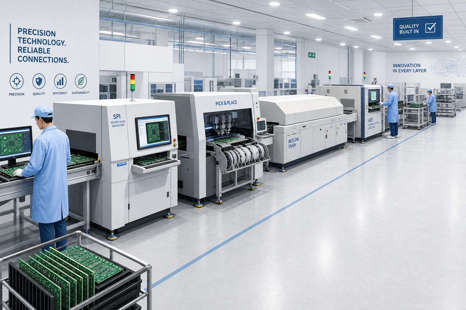 Wide view of a PCB manufacturing facility with machines and PCBs in focus