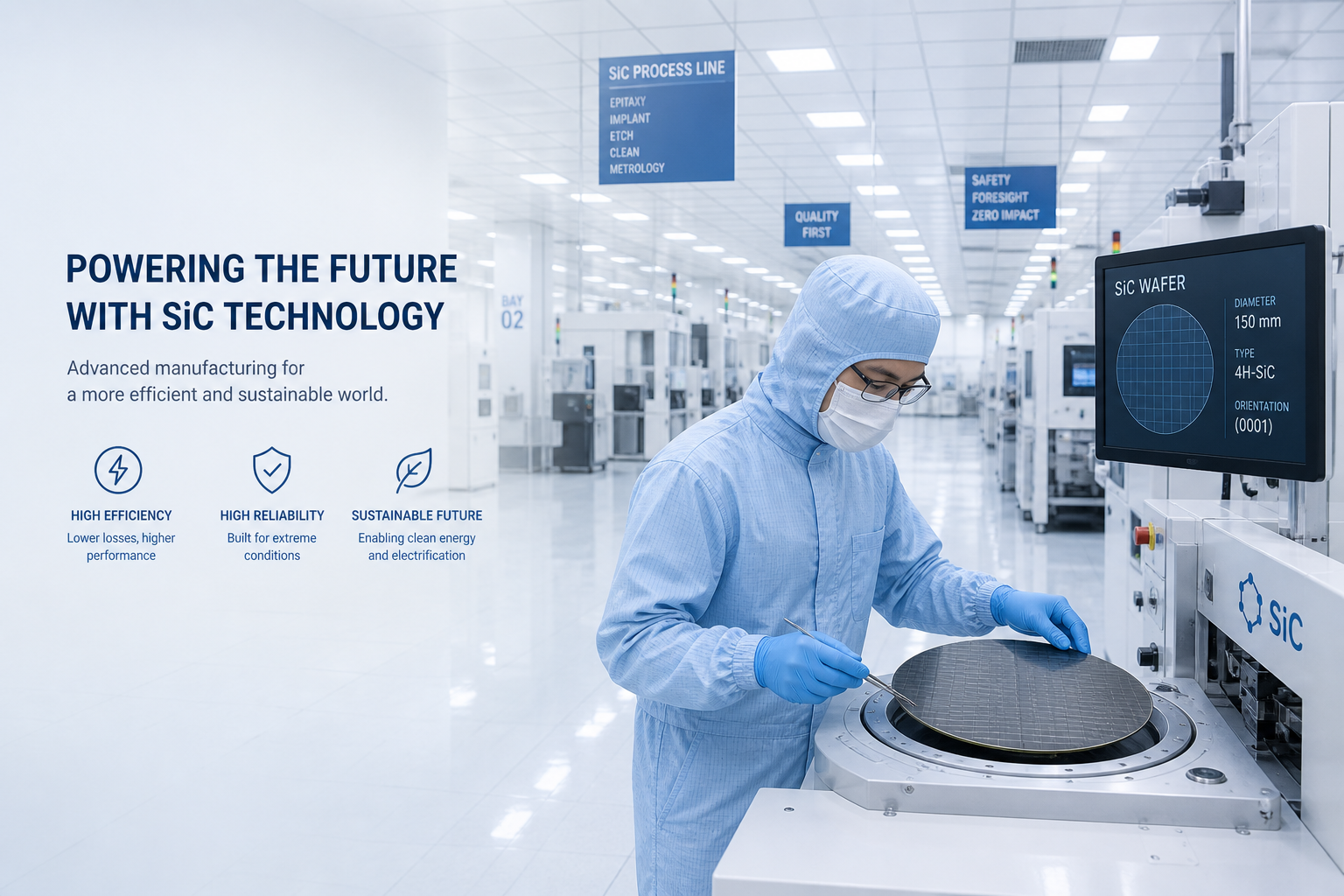Wide view of a semiconductor manufacturing facility with SiC wafers being processed