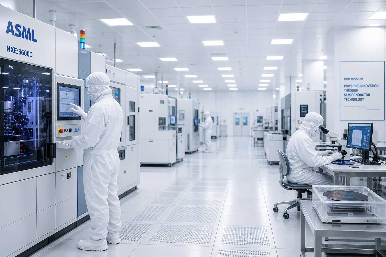 A wide view of a semiconductor manufacturing cleanroom with equipment and engineers working.