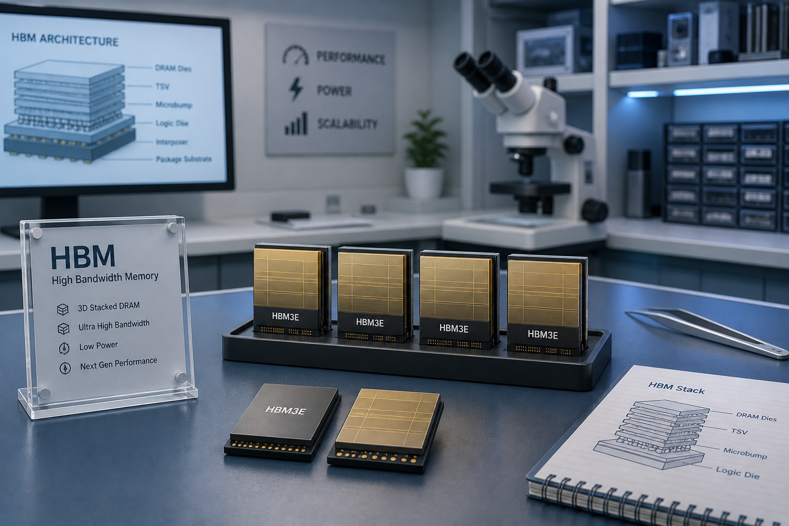 An illustration of HBM memory modules arranged neatly on a lab bench.