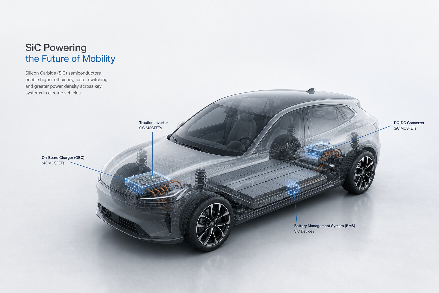 Wide view of an electric vehicle with SiC semiconductor components
