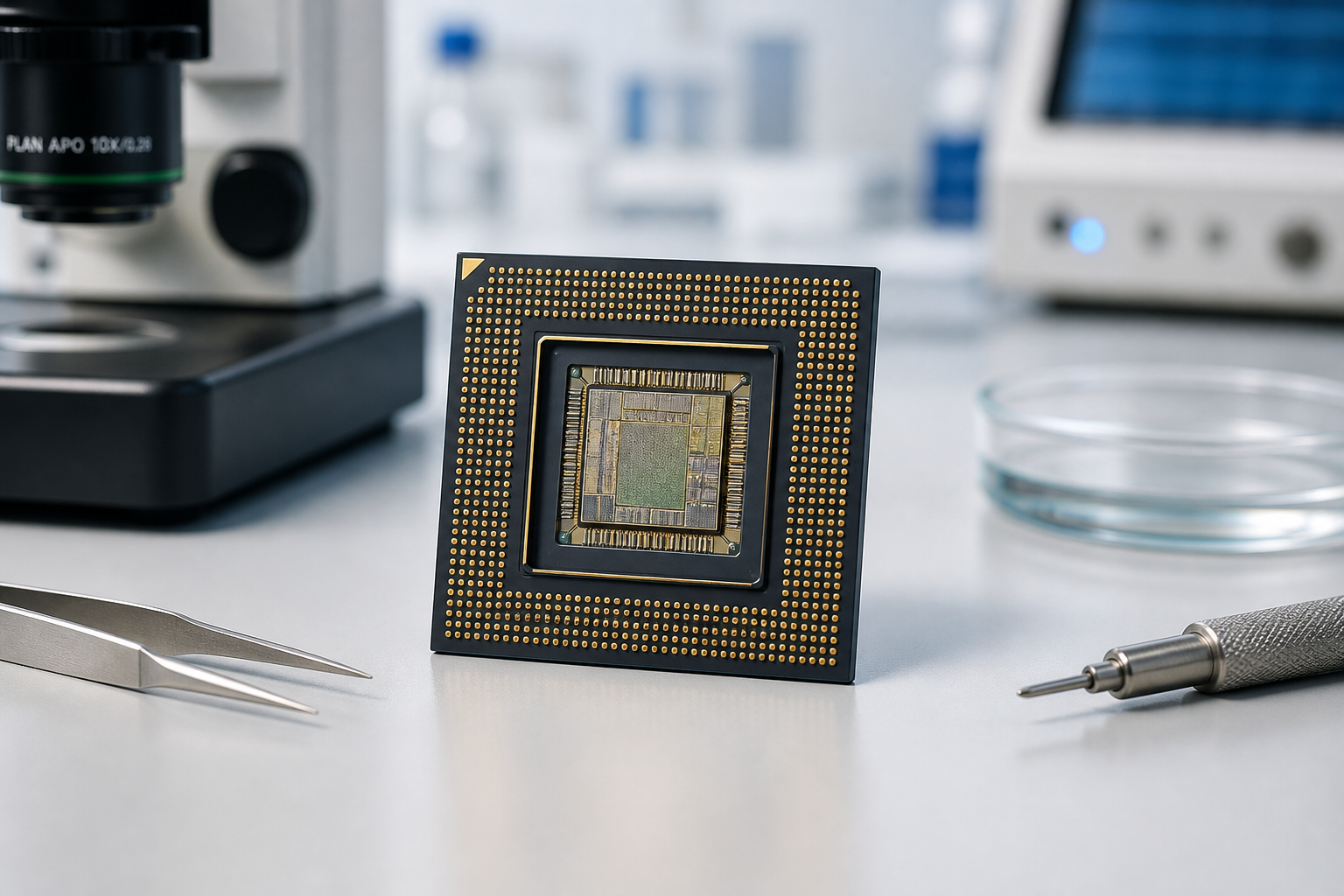 Close-up of a semiconductor package on a lab bench