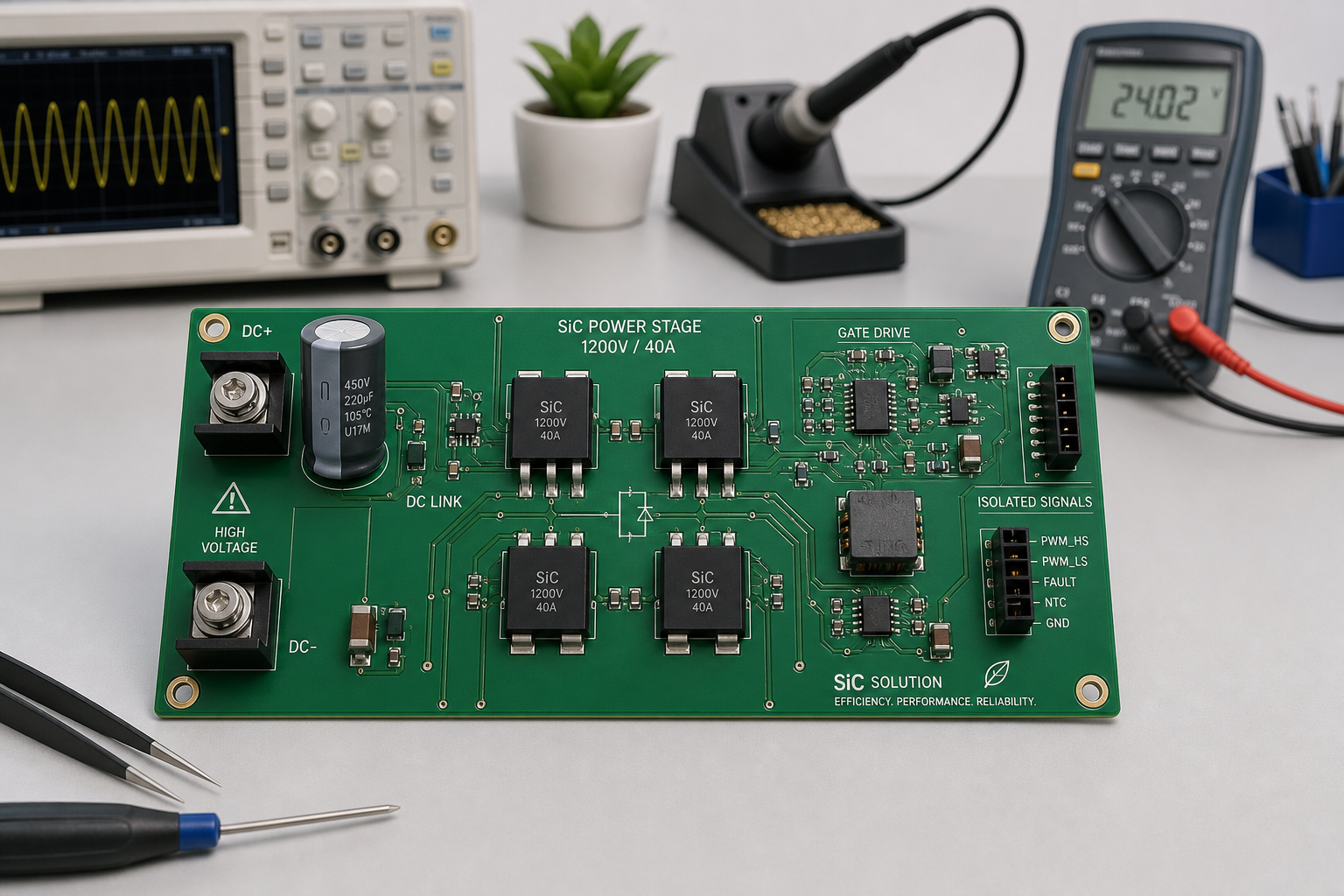 Close-up of a PCB design with SiC components integrated