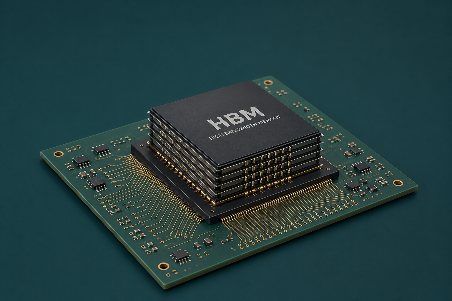 Close-up of a high-bandwidth memory chip on a circuit board