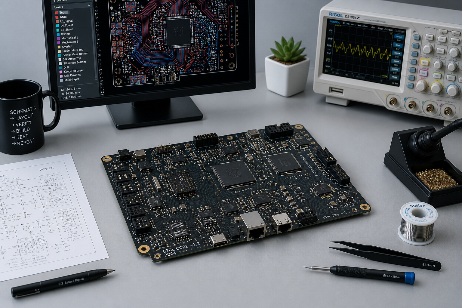 Close-up of high-spec PCB design on a lab bench