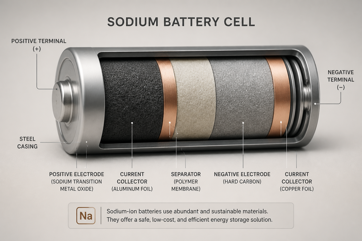 Close-up of a sodium battery cell with a focus on its design and materials.