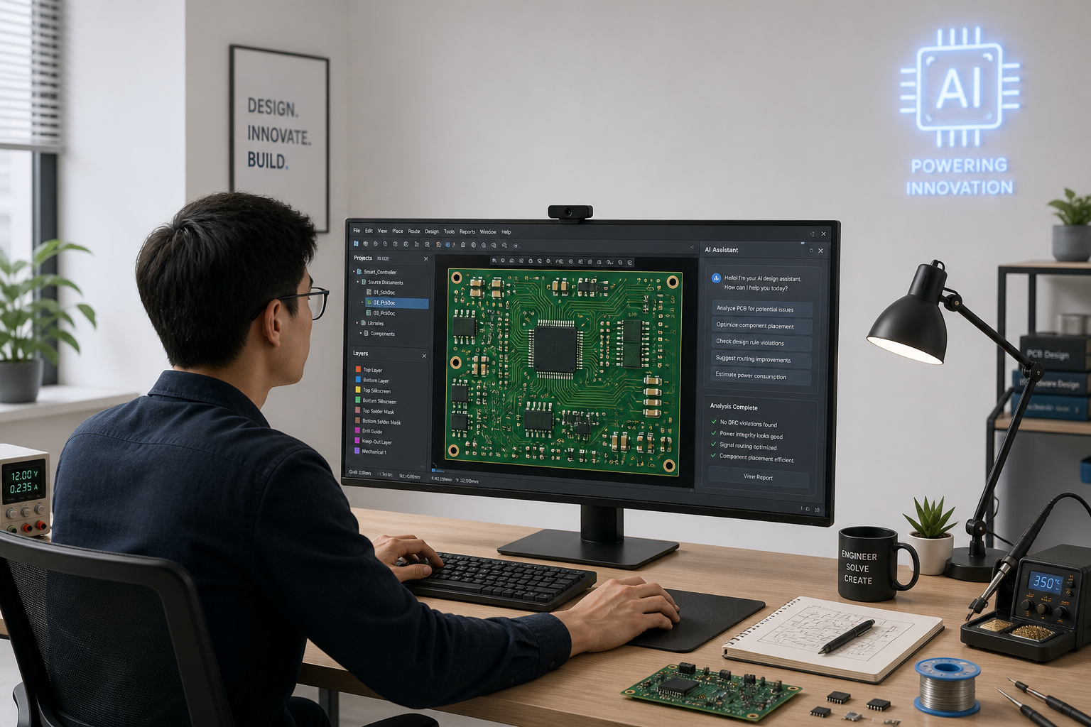 Wide view of a PCB design workspace with AI tools
