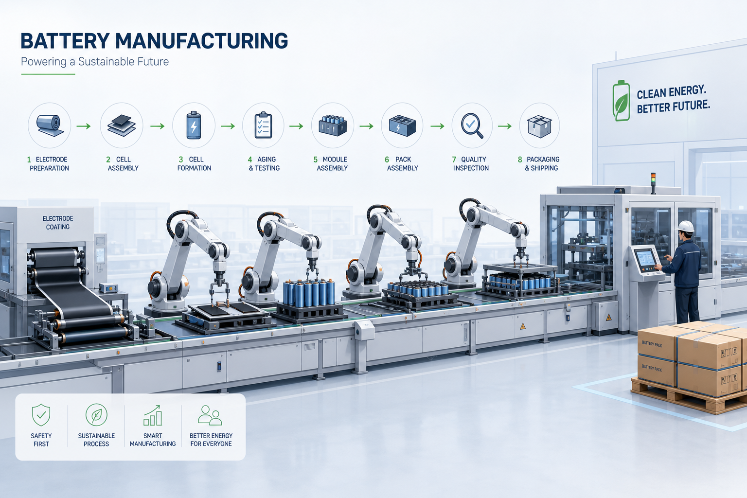 A clean illustration of a battery manufacturing process